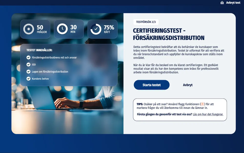 Startvyn för ett certifieringstest i försäkringsdistribution med 50 frågor, 30 minuter och 75 procent rätt som gräns